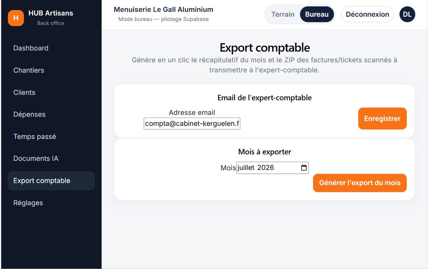 Écran d’export du dossier comptable